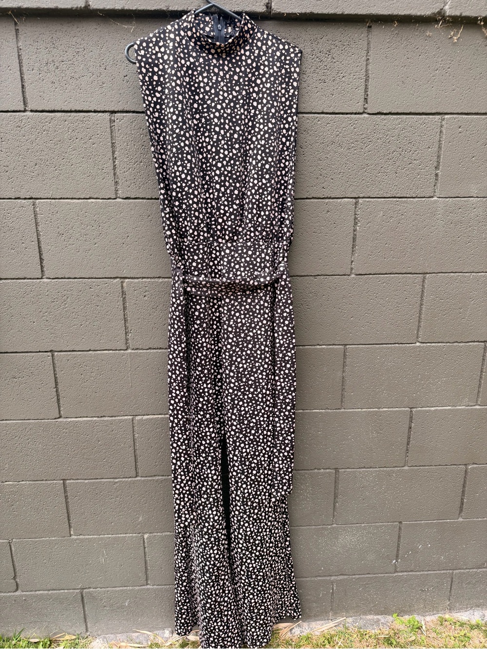PrettyLittleThing Dalmatian Print High Neck Tie Waist Jumpsuit UK 16 / US 12